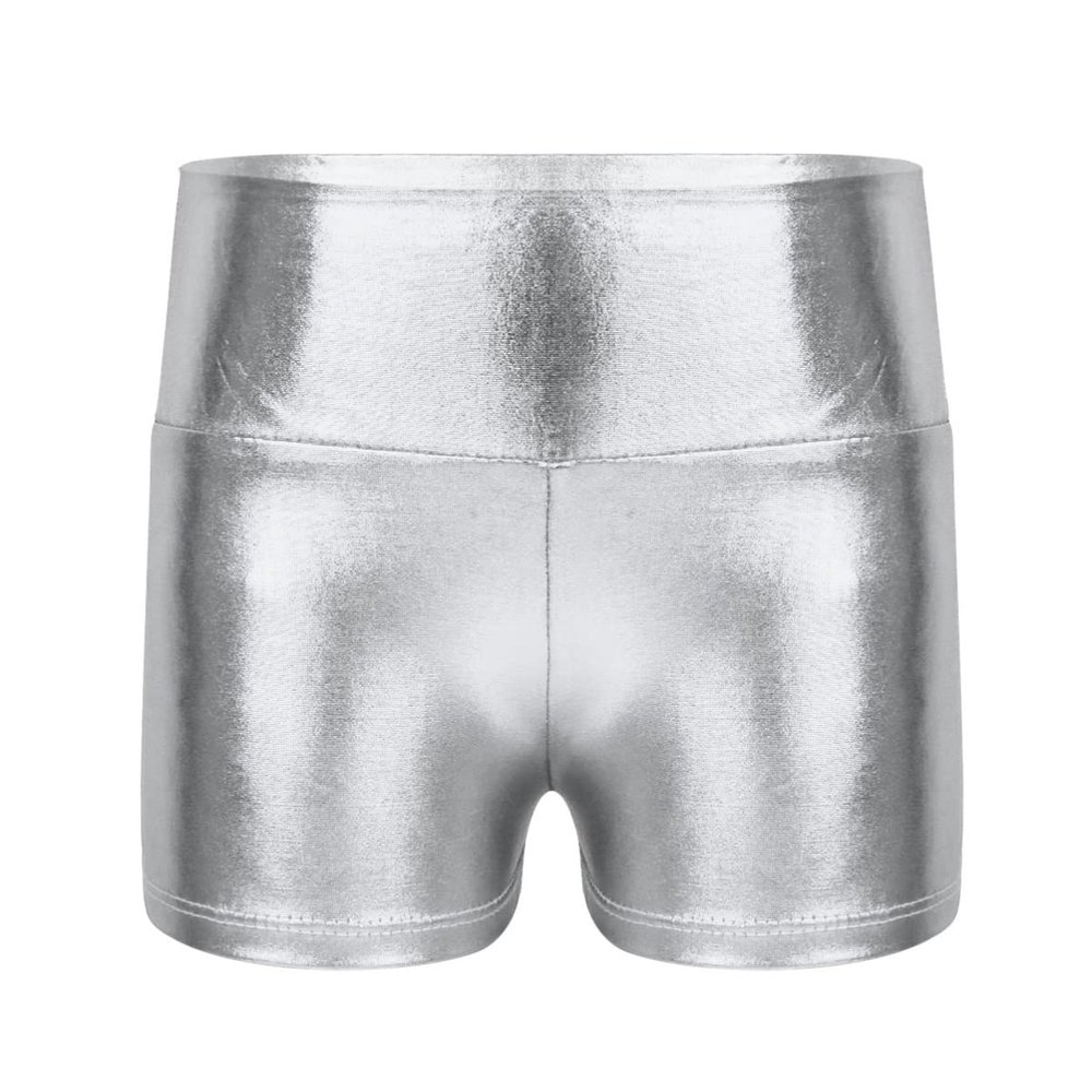 CHICTRY Kids Girls Metallic Shiny Stretch High Waisted Athletic Booty Dance Shorts Silver 10-12