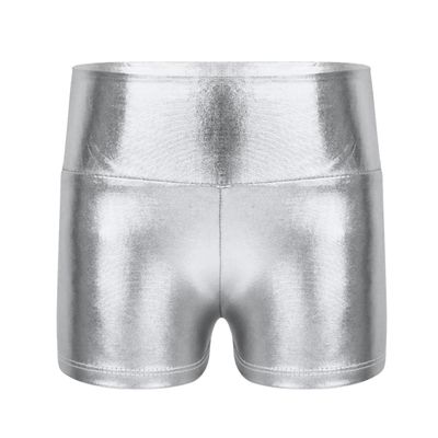 CHICTRY Kids Girls Metallic Shiny Stretch High Waisted Athletic Booty Dance Shorts Silver 8-10