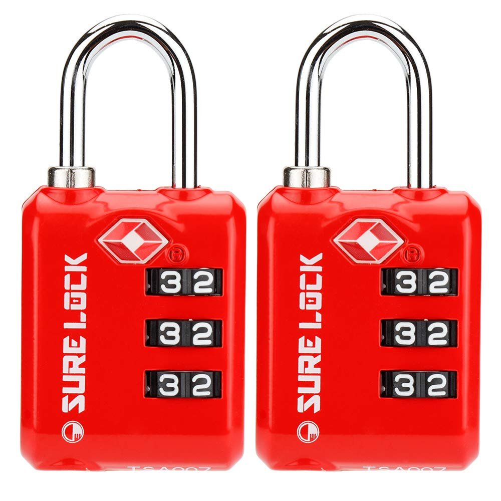 SURE LOCK TSA Approved 3 Digit Luggage Locks with Zinc Alloy Body and Hardened Steel Shackle to Lock Travel Suitcase (RED 2 Pack)