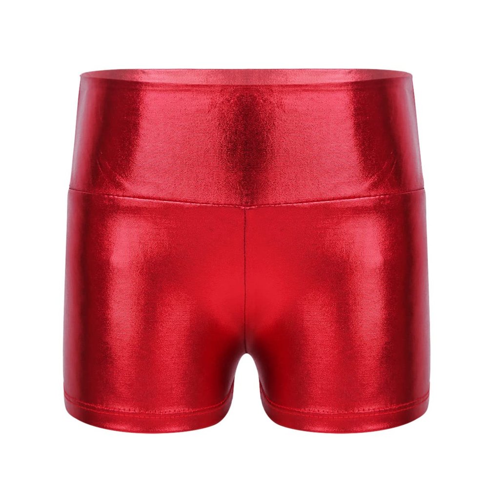 CHICTRY Kids Girls Metallic Shiny Stretch High Waisted Athletic Booty Dance Shorts Red 12-14