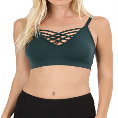 Women & Plus Front V-Lattice Bralette with Adjustable Straps and Removable Bra Pads Hunter Green
