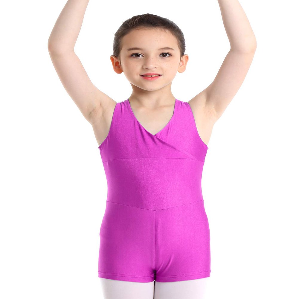 FEESHOW Kids Girls Strappy Back Gymnastics Tank Leotard Unitard Biketard for Athletic Sports Dancing or Swimming Neckline Cross Rose Red 5-6