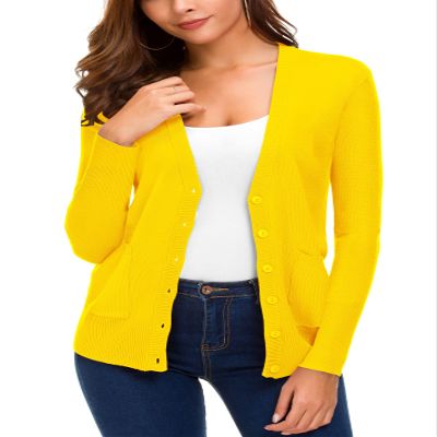 EXCHIC Women's Lightweight Long Sleeve Cardigan Sweaters Classic Button Open Front Knit Sweater with Pockets(Yellow, Small)