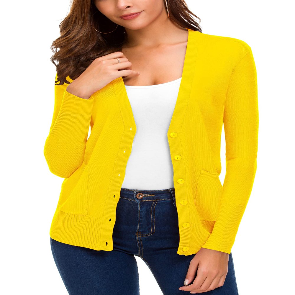 EXCHIC Women's Lightweight Long Sleeve Cardigan Sweaters Classic Button Open Front Knit Sweater with Pockets(Yellow, Small)