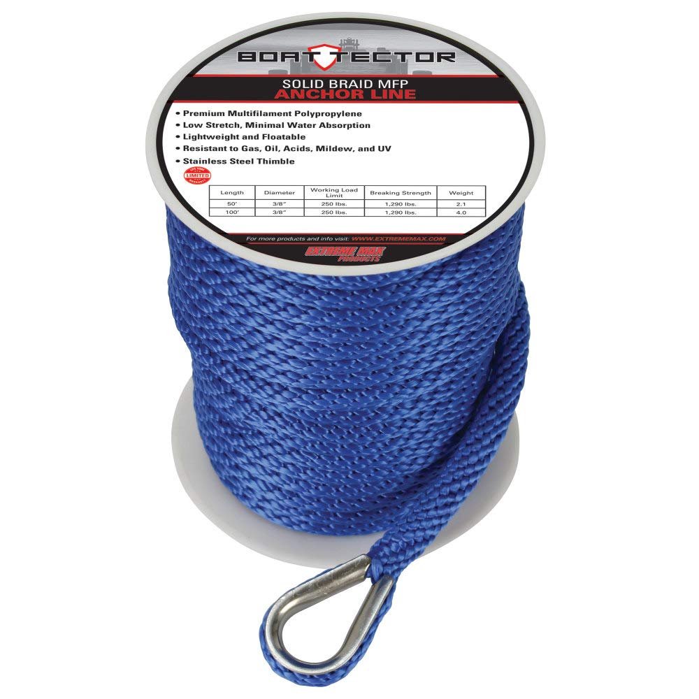Extreme Max 3006.2705 BoatTector Solid Braid MFP Anchor Line with Thimble - 3/8" x 150', Blue