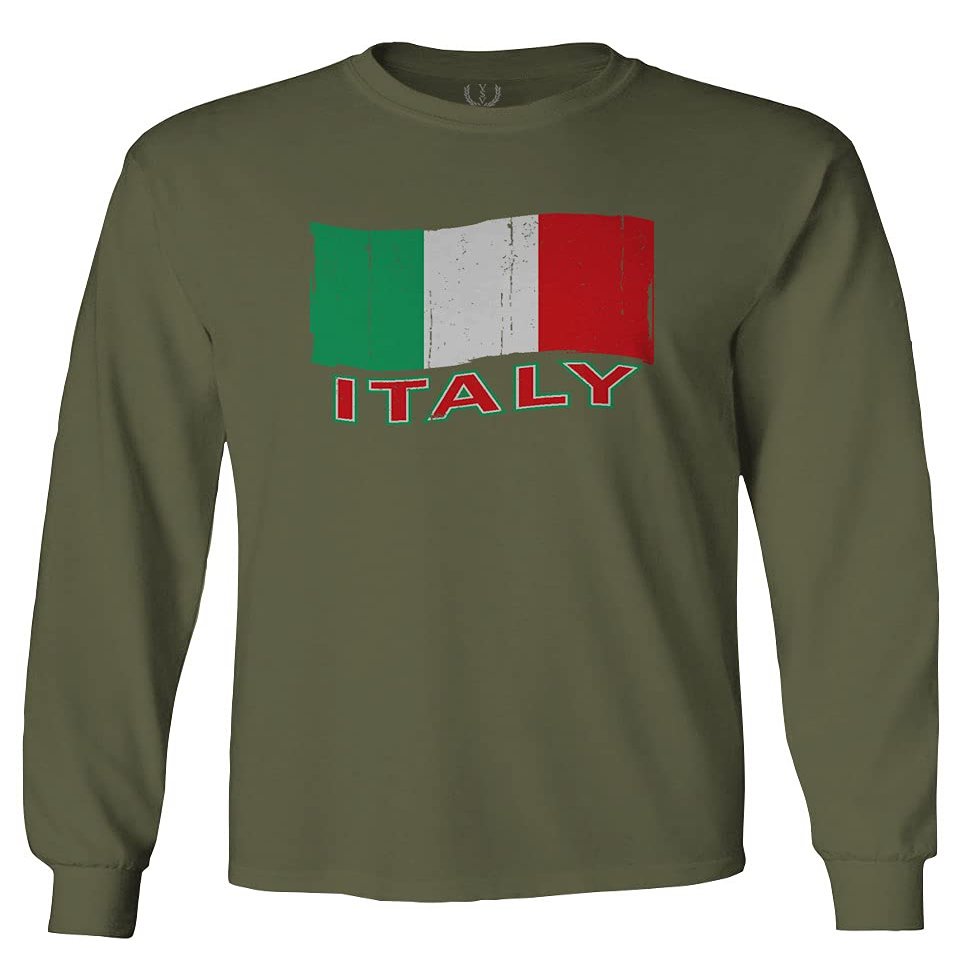 0039. Italia Vintage Distressed Italy Italian National Flag Men's Long Sleeve t Shirt (Olive, Small)