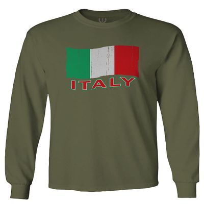 0039. Italia Vintage Distressed Italy Italian National Flag Men's Long Sleeve t Shirt (Olive, 2X Large)