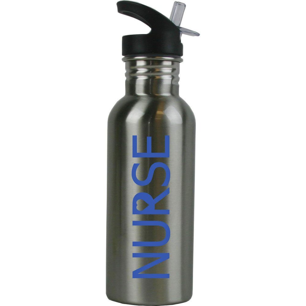 Personalized Custom Nurse, Nursing, RN, LPN, CNA Stainless Steel Water Bottle with Straw Top 20 Ounce Sport Water Bottle Customizable (Blue)