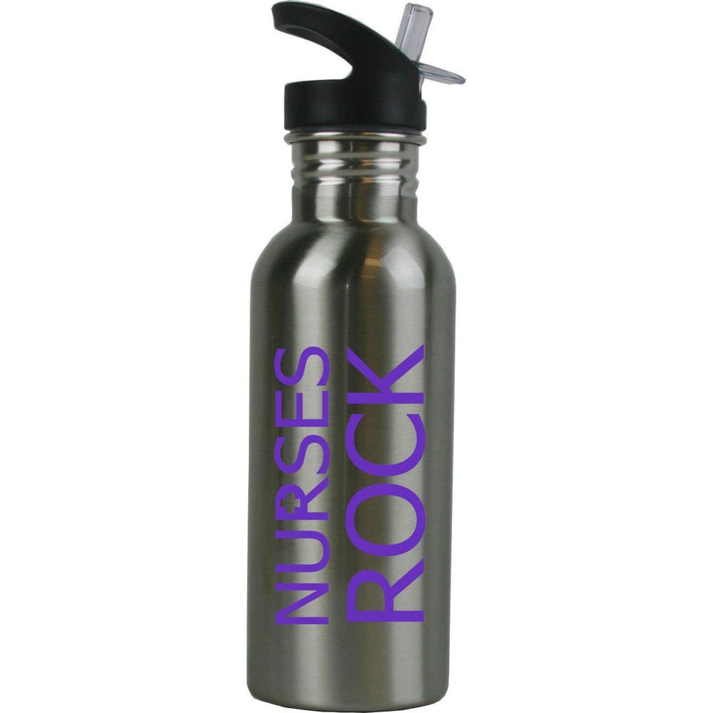 Nurses Rock, RN, LPN, CNA Stainless Steel Water Bottle with Straw Top 20 Ounce Sport Water Bottle Customizable (Purple)
