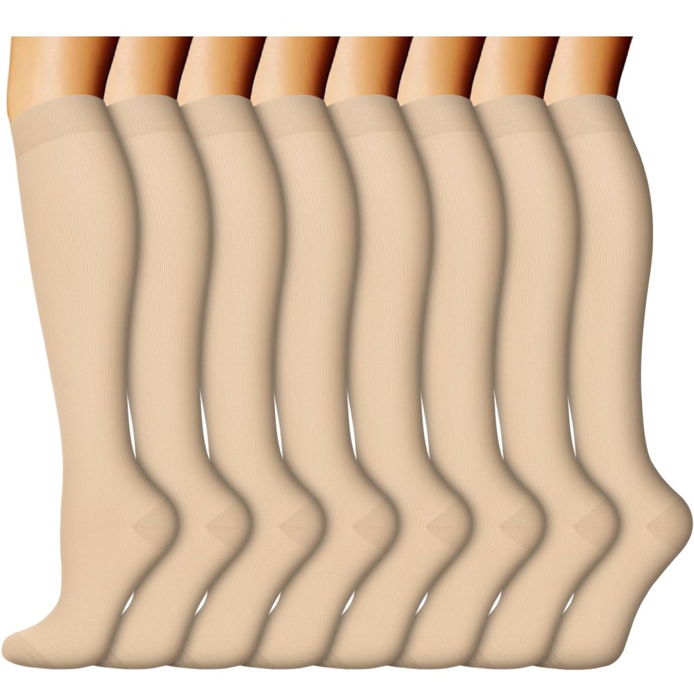 ACTINPUT 8 Pairs Compression Socks Women & Men -Best Medical,Travel & Flight Socks-Running & Fitness (L/XL, Nude)