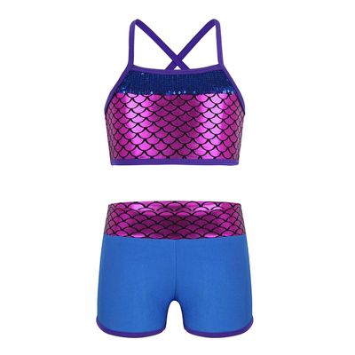 CHICTRY Child Girls Activewear Sequins Mermaid Tank Top & Shorts Set for Gymnastics Leotard Dancing Fuchsia&Blue 7-8