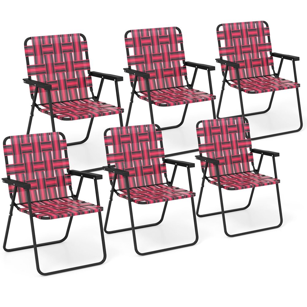 Giantex Beach Chairs Set of 6, Patio Folding Lawn Chairs for Adults, Outdoor Webbing Chair w/Steel Frame, Lightweight & Portable Camping Chairs for Fishing, Yard, Garden, Poolside Webbed Chairs, Red