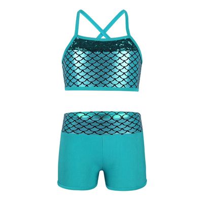 dPois Kids Girls 2 Piece Swimming Outfit Sparkly Crisscross Tank Sport Bra Top and Swim Trunks Shiny Shorts Set Wetsuit Lake Blue 8-10