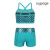 dPois Kids Girls 2 Piece Swimming Outfit Sparkly Crisscross Tank Sport Bra Top and Swim Trunks Shiny Shorts Set Wetsuit Lake Blue 8-10 view 2