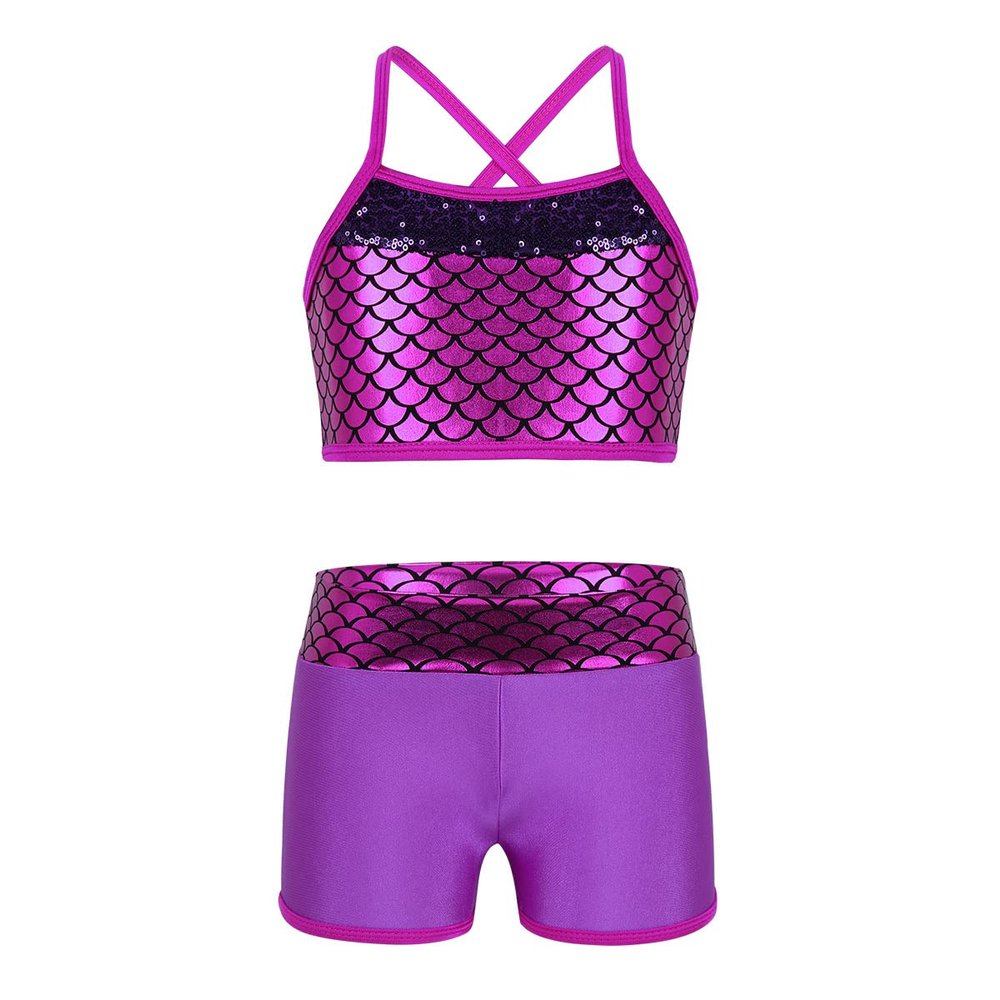 dPois Kids Girls 2 Piece Swimming Outfit Sparkly Crisscross Tank Sport Bra Top and Swim Trunks Shiny Shorts Set Wetsuit Rose Red 8-10