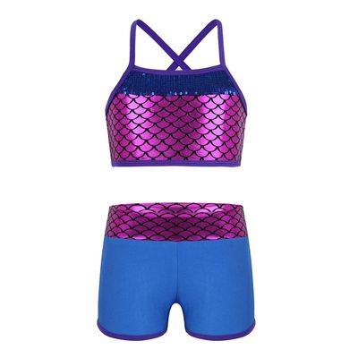 dPois Kids Girls 2 Piece Swimming Outfit Sparkly Crisscross Tank Sport Bra Top and Swim Trunks Shiny Shorts Set Wetsuit Blue 10-12