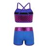 dPois Kids Girls 2 Piece Swimming Outfit Sparkly Crisscross Tank Sport Bra Top and Swim Trunks Shiny Shorts Set Wetsuit Blue 10-12 view 2