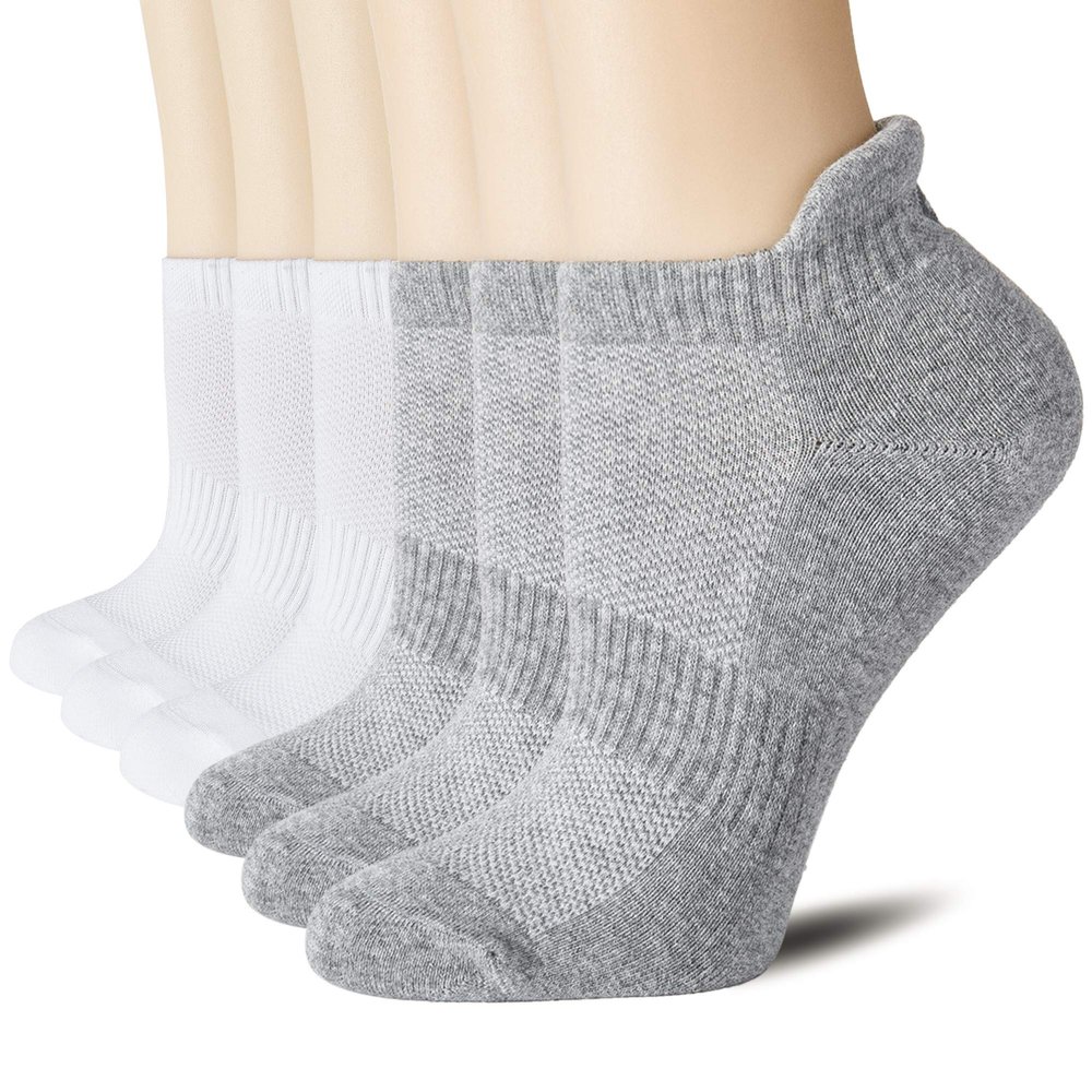CS CELERSPORT Ankle Athletic Running Socks Low Cut Sport Tab Socks for Men and Women (6 Pairs),Medium,White, Grey