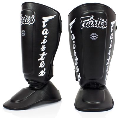 Fairtex SP7 Muay Thai Shin Guards for Men, Women, Kids | Shinguards Made with Syntek Leather & are Premium, Lightweight & Durable | Detachable shin & Foot Protector- Large, Black