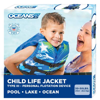 Oceans7 US Coast Guard-Approved, Type III Kids Life Jacket Personal Flotation Device with Comfortable Flex-Form-Fit Open-Sided Design Blue/White