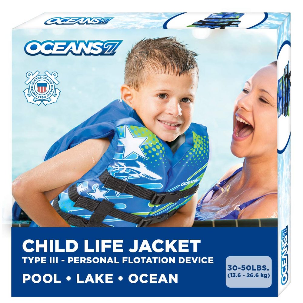 Oceans7 US Coast Guard-Approved, Type III Kids Life Jacket Personal Flotation Device with Comfortable Flex-Form-Fit Open-Sided Design Blue/White