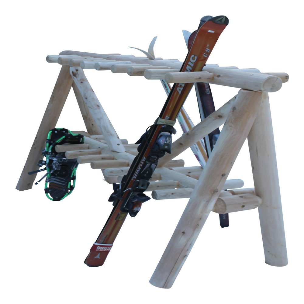21-Place Freestanding Log Ski Rack Holder, Indoor & Outdoor Snowboard Racks, Standing Storage, Garage Racks for Snow Skis & Poles, Durable Snowboard Rack Garage Storage Organizer - Natural