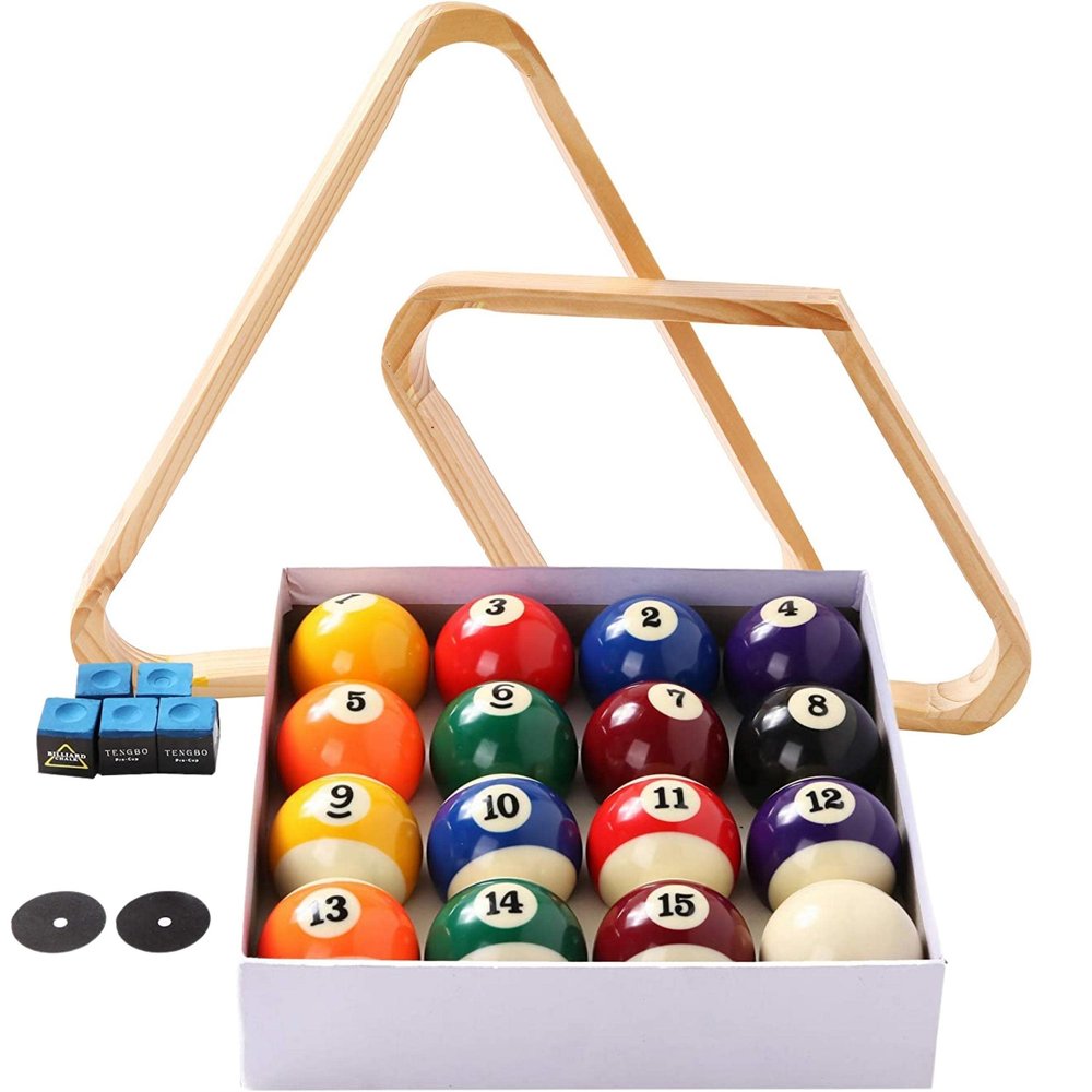 Billiard Balls Set, Pool Table Triangle Ball Rack and 9-Ball Diamond Rack (Wood), 5 Cue Chalks and 2 Table Spot Stickers - Pool Table Accessories