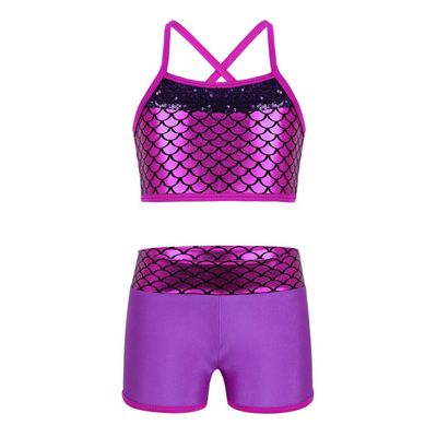 Agoky Kids Girls 2PCS Sports Outfits Ballet Gym Sequins Mermaid Tank Top Shorts Set Tankini Swimwear Gymnastics Tracksuit Rose Red 12 Years