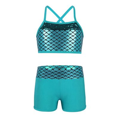 Agoky Kids Girls 2PCS Sports Outfits Ballet Gym Sequins Mermaid Tank Top Shorts Set Tankini Swimwear Gymnastics Tracksuit Lake Blue 10 Years