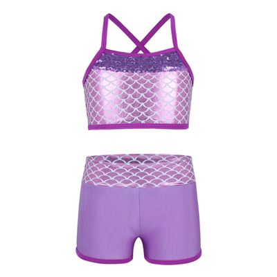 Agoky Kids Girls 2PCS Sports Outfits Ballet Gym Sequins Mermaid Tank Top Shorts Set Tankini Swimwear Gymnastics Tracksuit Lavender 10 Years