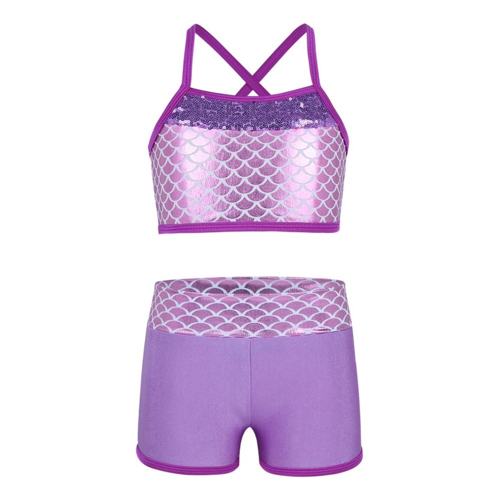 Agoky Kids Girls 2PCS Sports Outfits Ballet Gym Sequins Mermaid Tank Top Shorts Set Tankini Swimwear Gymnastics Tracksuit Lavender 10 Years
