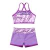 Agoky Kids Girls 2PCS Sports Outfits Ballet Gym Sequins Mermaid Tank Top Shorts Set Tankini Swimwear Gymnastics Tracksuit Lavender 10 Years view 3