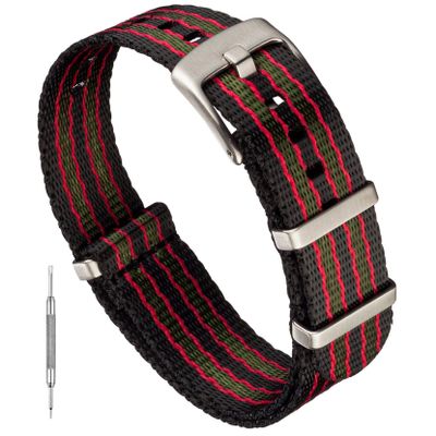 Benchmark Basics Seatbelt Nylon Watch Band - Premium Waterproof Ballistic Nylon One-Piece Watch Bands for Men & Women (22mm, Black/Red/Green Striped)