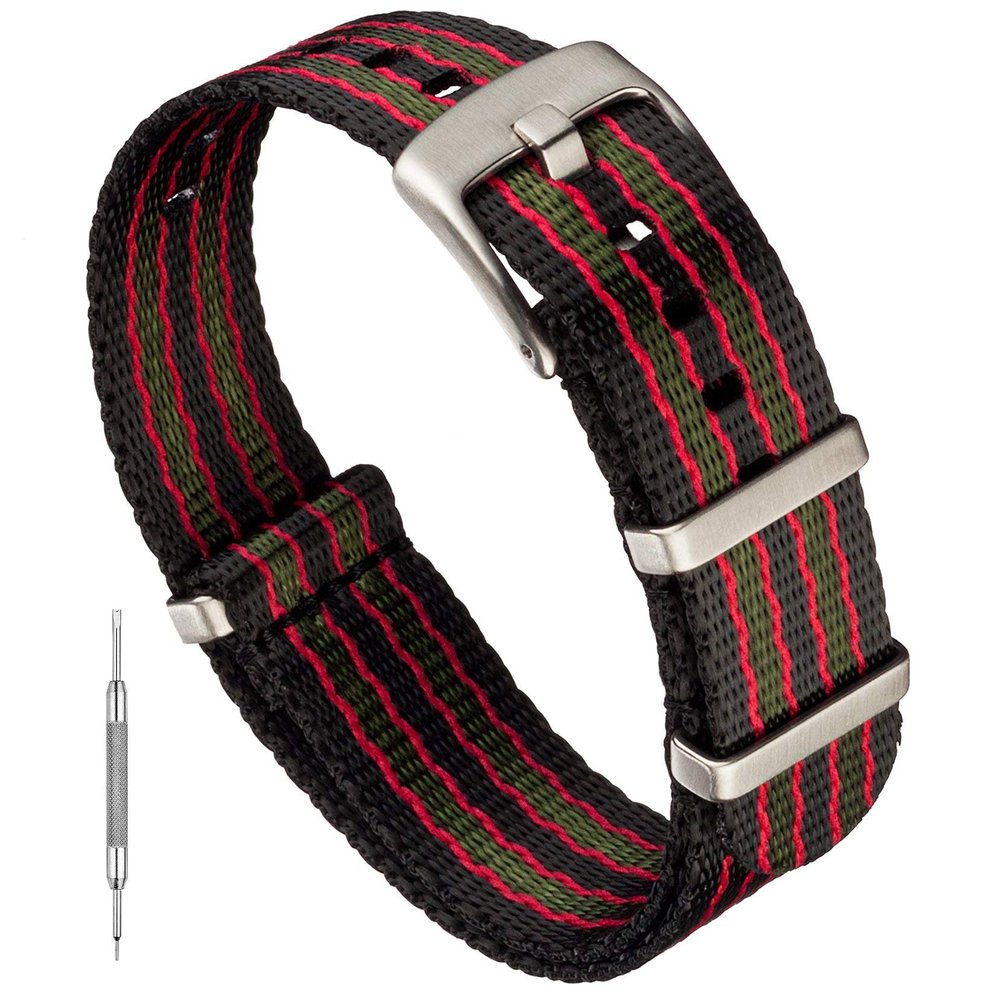 Benchmark Basics Seatbelt Nylon Watch Band - Premium Waterproof Ballistic Nylon One-Piece Watch Bands for Men & Women (22mm, Black/Red/Green Striped)