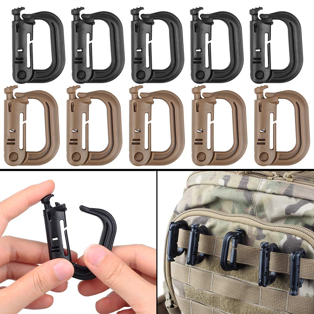 XTACER Tactical Multipurpose Small D-Ring Locking Hanging Hook Tactical Link Snap Keychain Button Release for Molle Webbing (Set of 10) (5 Black +5 Brown)