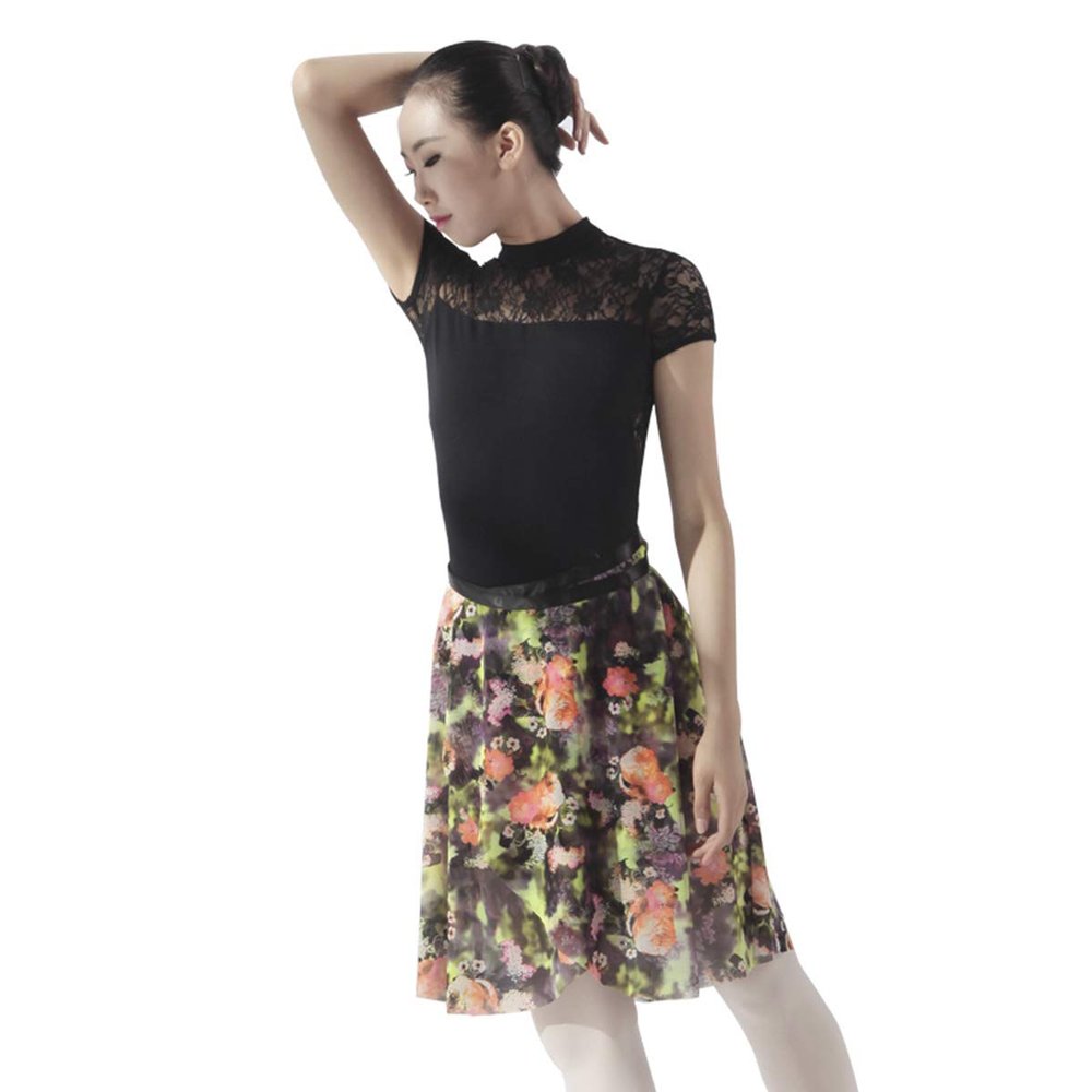Baiwu Dance 117145403 Floral Mesh Ballet Skirt Wrap Dance Skirt (M 165, Green+Orange)