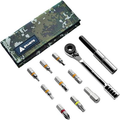 Granite Rocknroll Mini Ratchet Bike Tool Kit, Bike Multitool Kit with 9 Tool Bits and Extension Rod, Portable Bicycle Tool Kit for Mountain Bike, Road Bike and Gravel Bike (Green Camo)