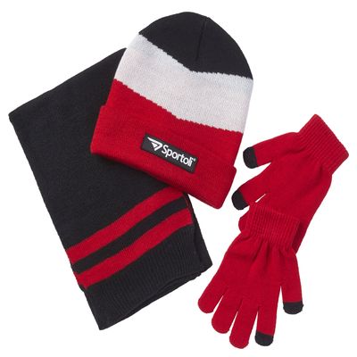 Sportoli Boys' Kids Cold Weather Knit Accessory Set Warm Hat, Scarf and Gloves (Red Chevron)
