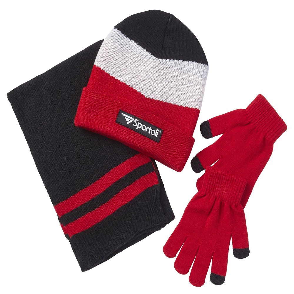 Sportoli Boys' Kids Cold Weather Knit Accessory Set Warm Hat, Scarf and Gloves (Red Chevron)