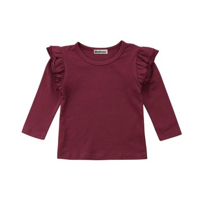 Mubineo Toddler Baby Girl Basic Plain Ruffle Sleeve Cotton T Shirts Tops Tee Clothes (Wine Red(Long Sleeve), 6-12 Months)