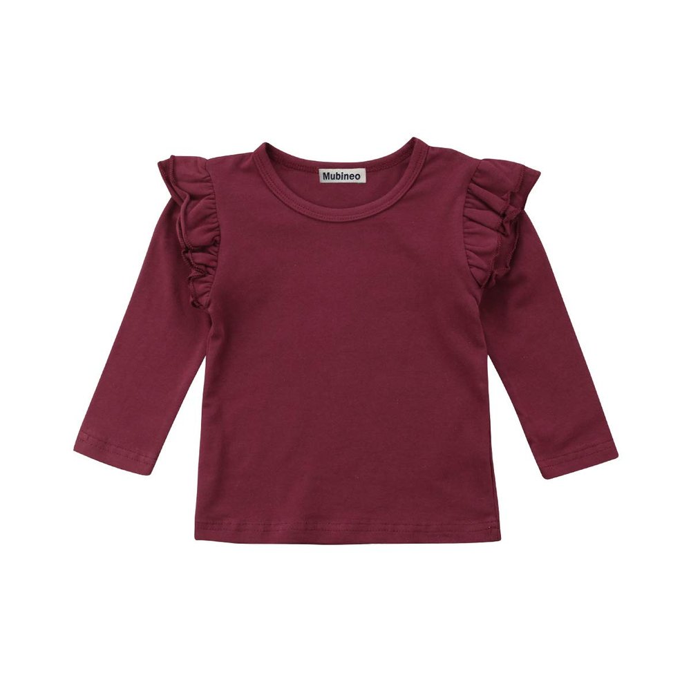 Mubineo Toddler Baby Girl Basic Plain Ruffle Sleeve Cotton T Shirts Tops Tee Clothes (Wine Red(Long Sleeve), 6-12 Months)