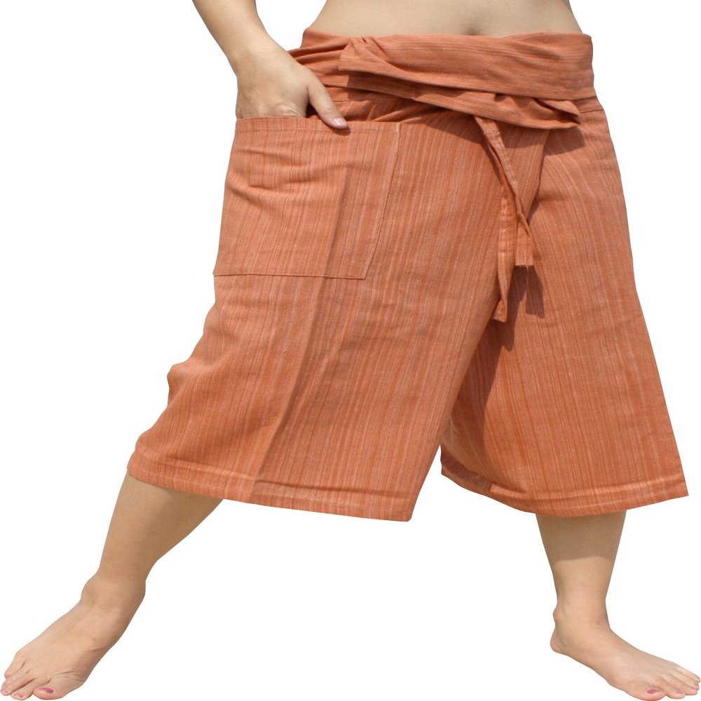 RaanPahMuang Thin Striped Cotton Plus Fisherman Capri Wrap Plus Pants, XX-Large, Burnt Sienna Brown