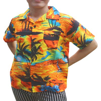 Full Funk Childrens Hawaiian Shirt in Summer Printed Rayon Seaside Beach Fun, 6 Years-8 Years, CoconutTree&Boat in Orange