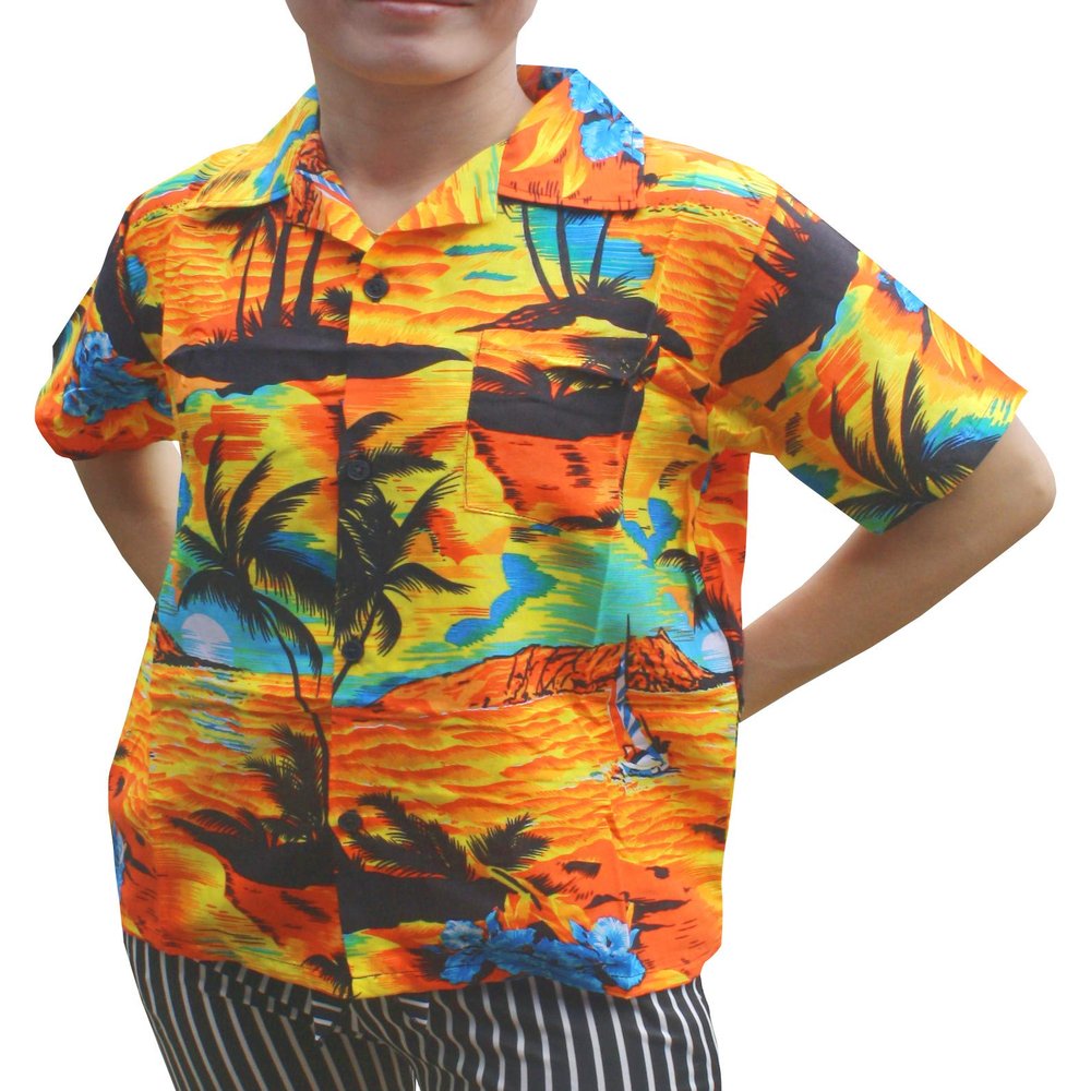 Full Funk Childrens Hawaiian Shirt in Summer Printed Rayon Seaside Beach Fun, 6 Years-8 Years, CoconutTree&Boat in Orange