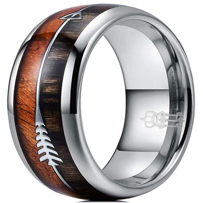THREE KEYS JEWELRY 6mm Mens Silver Tungsten Rings Two Tone Zebra Acacia Wood & Antler Arrows Inlay Hunting Wedding Band Unisex High Polished Domed Comfort Fit Durable, Size 10