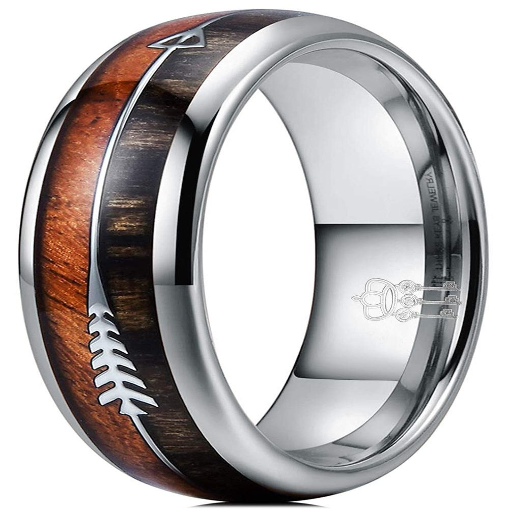 THREE KEYS JEWELRY 6mm Mens Silver Tungsten Rings Two Tone Zebra Acacia Wood & Antler Arrows Inlay Hunting Wedding Band Unisex High Polished Domed Comfort Fit Durable, Size 10