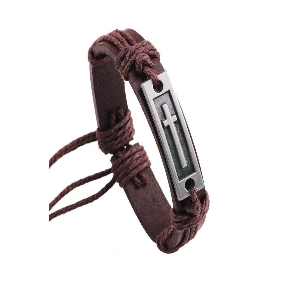 Caiyao Fashion Cross Leather Bracelet Alloy Cross Religious Gifts for Men Jewelry-Brown