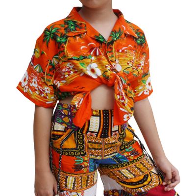 Full Funk Childrens Hawaiian Shirt in Summer Printed Rayon Seaside Beach Fun, 10 Years-12 Years, CoconutTree&Glasses in Orange
