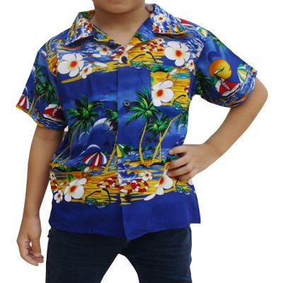 Full Funk Childrens Hawaiian Shirt in Summer Printed Rayon Seaside Beach Fun, 10 Years-12 Years, CoconutTree&Glasses in Blue