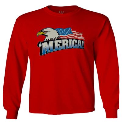 0055. Merica Eagle USA American Flag United States America Men's Long Sleeve t Shirt (Red, Small)